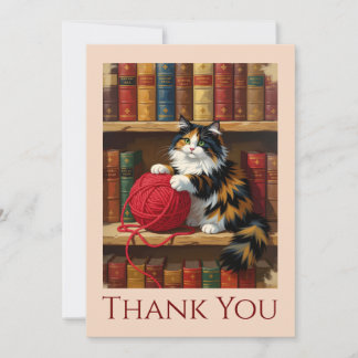 Carte De Remerciements Calico Cat Playing With Yarn On A Bookshelf