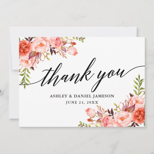 Carte De Remerciements Calligraphie Aquarelle Coral Floral Mariage (Devant)