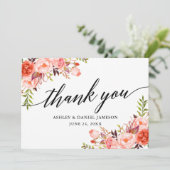 Carte De Remerciements Calligraphie Aquarelle Coral Floral Mariage (Debout devant)