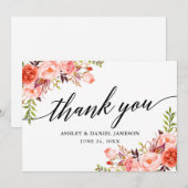 Carte De Remerciements Calligraphie Aquarelle Coral Floral Mariage (Devant / Derrière)