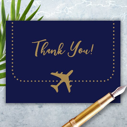 Carte De Remerciements Calligraphie Bleu et Gold Boarding Pass Mariage