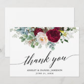 Carte De Remerciements Calligraphie Bourgogne Floral Mariage (Devant / Derrière)