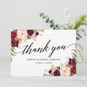 Carte De Remerciements Calligraphie Bourgogne Floral Mariage (Debout devant)