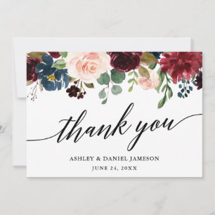 Carte De Remerciements Calligraphie Burgundy Blue Floral Mariage