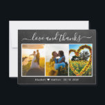 Carte De Remerciements Calligraphie Chalkboard Mariage photo Collage<br><div class="desc">Rustique, Pays, Lettré à la main Chalkboard Mariage Photo Collage Carte de remerciements. Modèle mariage élégant avec trois (3) photos collage sur le devant et une photo sur le dos. Avec le texte "Amour et merci" dans une tourbillonnant police de script de typographie en blanc sur tableau noir gris ou...</div>