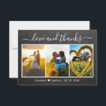 Carte De Remerciements Calligraphie Chalkboard Mariage photo Collage<br><div class="desc">Rustique, Pays, Lettré à la main Chalkboard Mariage Photo Collage Carte de remerciements. Modèle mariage élégant avec trois (3) photos collage sur le devant et une photo sur le dos. Avec le texte "Amour et merci" dans une tourbillonnant police de script de typographie en blanc sur tableau noir gris ou...</div>