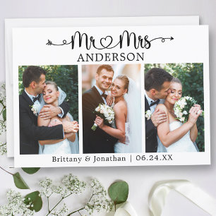 Carte De Remerciements Calligraphie Cœur M. et Mme 3 Photo Mariage