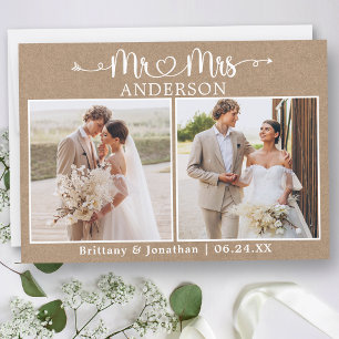 Carte De Remerciements Calligraphie Coeur M. Mme 2 Photo Mariage Kraft
