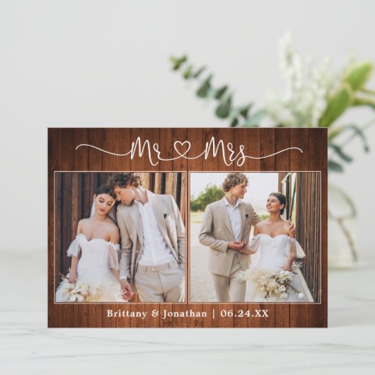 Carte De Remerciements Calligraphie Coeur M. Mme Mme 2 Mariage photo Wood (Debout devant)