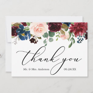 Carte De Remerciements Calligraphie délicate Burgundy Bleu Floral Mariage