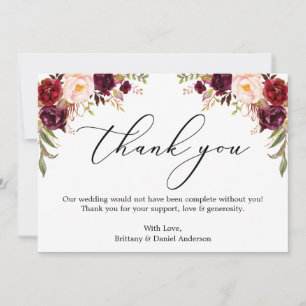 Carte De Remerciements Calligraphie élégante aquarelle floral bordeaux