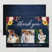 Carte De Remerciements Calligraphie Mariage floral mixte Bois bleu (Devant / Derrière)