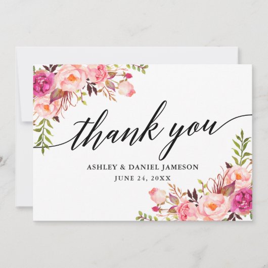 Carte De Remerciements Calligraphie Mariage floral rose (Devant)