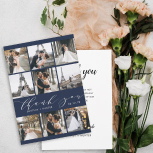 Carte De Remerciements Calligraphie moderne 9 Photo Collage Navy Blue