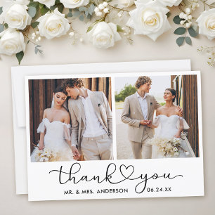 Carte De Remerciements Calligraphie moderne Coeur Script 2 Photos Mariage
