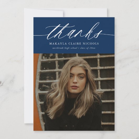 Carte De Remerciements Calligraphie moderne Deux photo Blue Graduation (Devant)