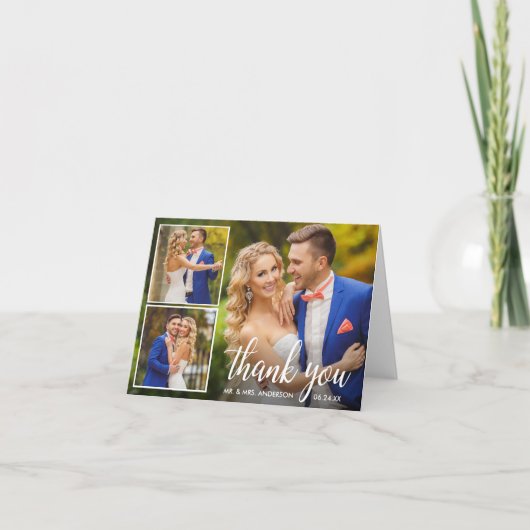 Carte De Remerciements Calligraphie moderne Mariage 3 Photo Collage Note (Devant)