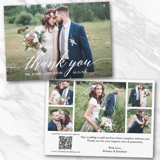 Carte De Remerciements Calligraphie moderne QR Code 6 Photos Mariage