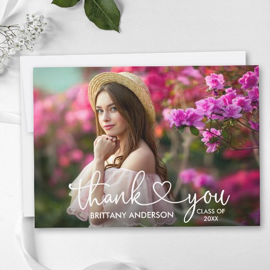 Carte De Remerciements Calligraphie moderne Script Coeur Photo Graduation