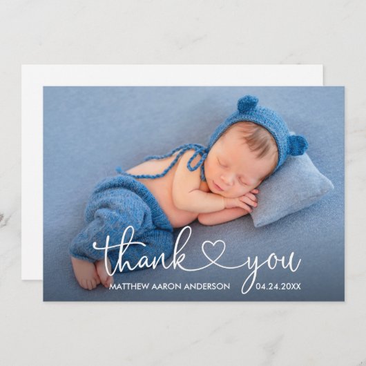 Carte De Remerciements Calligraphie moderne Script Heart Baby Photo (Devant / Derrière)