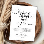 Carte De Remerciements Calligraphie moderne Whimsical Script Mariage phot<br><div class="desc">Moderne Chic Whimsical Calligraphie Script Photo Mariage Carte de remerciements. Un mariage élégant merci modèle avec une photo verticale complète, le texte "Merci" dans une main tourbillonnant fantaisie lettrage typographie swash tail script de police en noir et blanc. Carte recto verso avec message de remerciement préfabriqué à l'avant, et photo...</div>
