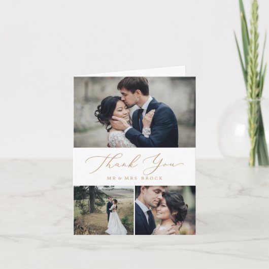 Carte De Remerciements Calligraphie Or Delicate 3 Photo Collage (Devant)