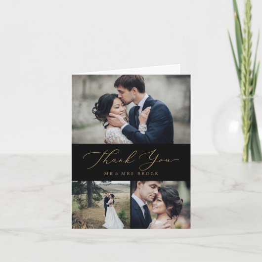 Carte De Remerciements Calligraphie Or Délicate | Black 3 Photo Collage (Devant)