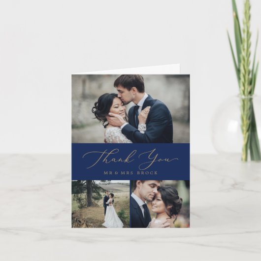 Carte De Remerciements Calligraphie Or Délicate | Collage photo Navy 3 (Devant)