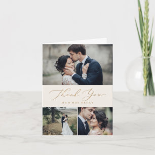 Carte De Remerciements Calligraphie Or Délicate   Cream 3 Photo Collage