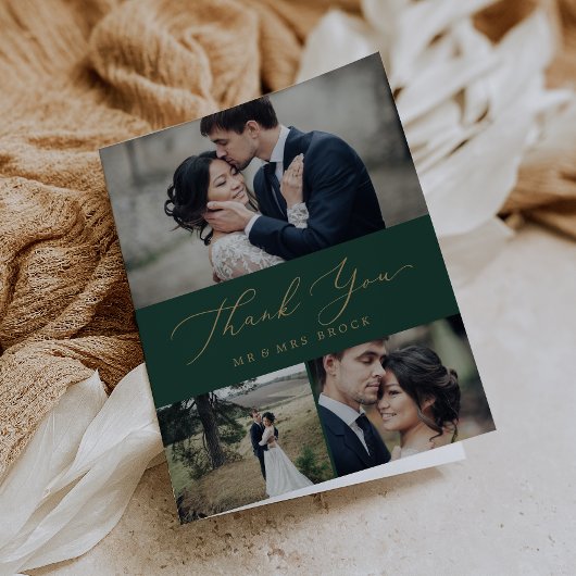 Carte De Remerciements Calligraphie Or Délicate | Green 3 Photo Collage