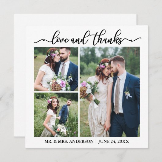 Carte De Remerciements Calligraphie Script Mariage Collage 3 Carré photo (Devant / Derrière)