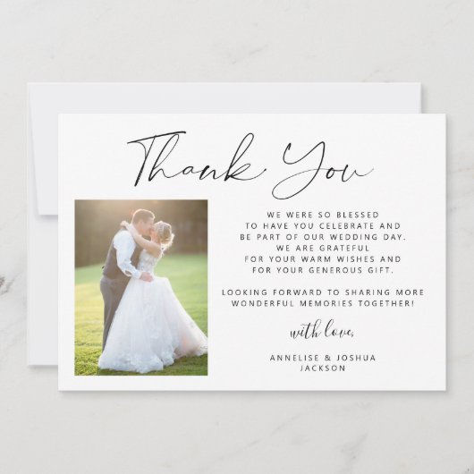 Carte De Remerciements Calligraphie simple et élégante 2 photos mariage (Devant)