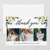 Carte De Remerciements Calligraphie Vert Blanc Floral Mariage 3 Photo (Devant / Derrière)