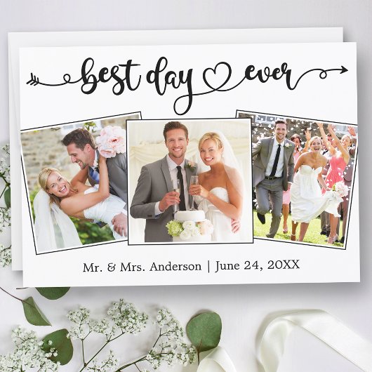 Carte De Remerciements Calligraphy Heart Best Day Ever 3 Photos Wedding
