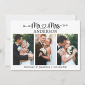 Carte De Remerciements Calligraphy Heart Mr. and Mrs. 3 Photo Wedding (Devant)