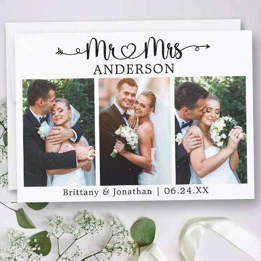 Carte De Remerciements Calligraphy Heart Mr. and Mrs. 3 Photo Wedding