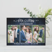 Carte De Remerciements Calligraphy Heart Mr. Mrs. Blue Wood Wedding (Debout devant)