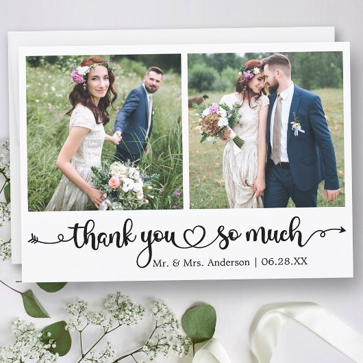 Carte De Remerciements Calligraphy Script Heart 2 Photo Wedding