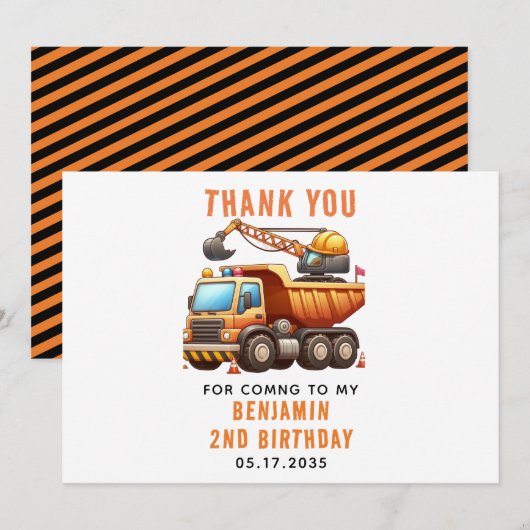 Carte De Remerciements Camion à benne du chantier 2e anniversaire (Devant / Derrière)