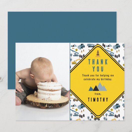 Carte De Remerciements Camions Blue Construction Site Photo Anniversaire (Devant / Derrière)