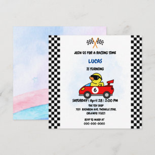 Carte De Remerciements Canard d'anniversaire voiture de course garçon rou