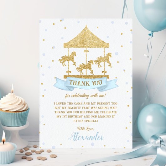 Carte De Remerciements Carousel bleu et or Boy 1er 2e 3e anniversaire