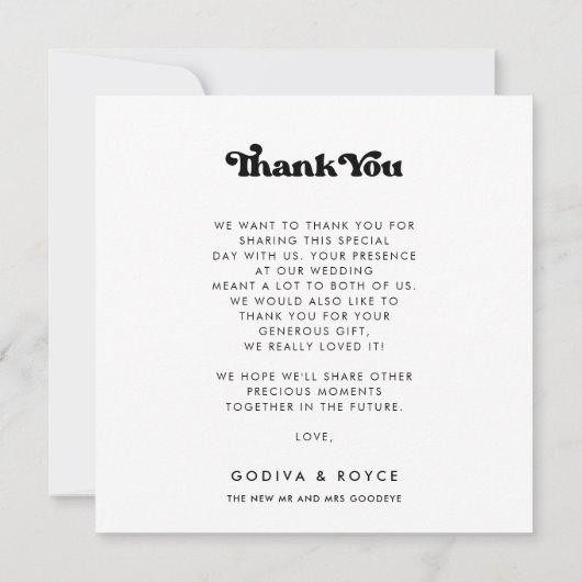 Carte De Remerciements Carré mariage noir et blanc rétro élégant (Dos)