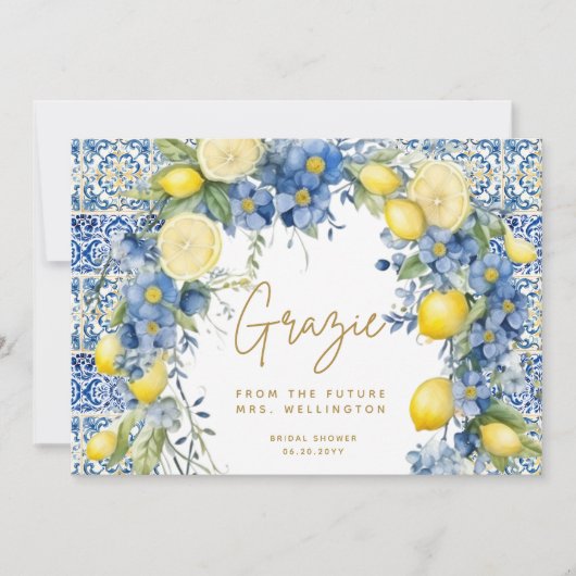 Carte De Remerciements Carreaux Bleus au Citron Italien Italie Réception  (Devant)