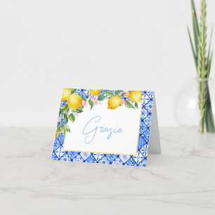 Carte De Remerciements Carreaux bleus italiens Grazie Lemons Shower de ma