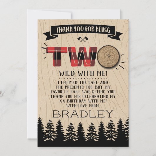 Carte De Remerciements Carreaux de forêt rustique bûcheron garçons 2e ann (Devant)