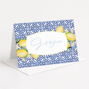 Carte De Remerciements Carreaux italiens bleus de Grazie aquarelle citron