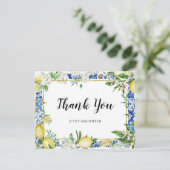 Carte De Remerciements Carrelage bleu floral blanc citron (Debout devant)