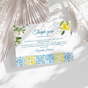Carte De Remerciements Carrelage Bleu Méditerranéen et Citrons Baby Showe
