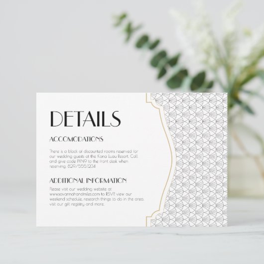 Carte De Remerciements Carton d'insertion de détails de mariage Art Déco (Debout devant)